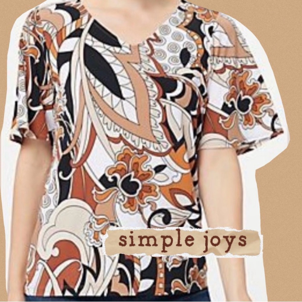 Susan Graver Black, White, and Orange Abstract Print Top